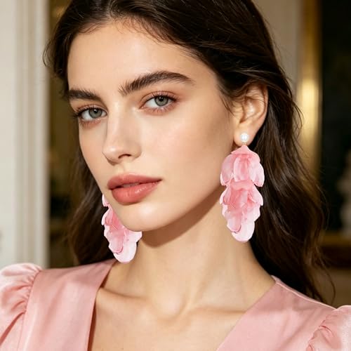 Handmade Bohemian Lightweight Fabric Flower Dangle Drop Earrings Chic Pearl Large Tassel Petal Stud Earrings For Women - color: Meat Pink