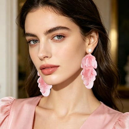Handmade Bohemian Lightweight Fabric Flower Dangle Drop Earrings Chic Pearl Large Tassel Petal Stud Earrings For Women - color: Meat Pink