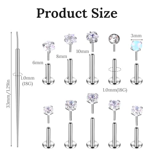 10 Pcs 18G Threadless Push in Flat Back Piercing Jewelry Stainless Steel Nose Rings Labret Lip Studs Cartilage Helix Tragus Earrings 6mm 7mm 8mm Bars for Women Men