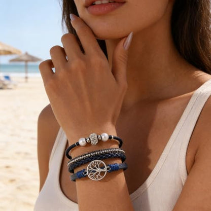 hotoo Leather Wrap Bracelets for Women Tree of Life Cuff Bracelets Pearl Rhinestone Bead Multi-Layer Bracelets Bohemian Jewelry Gift for Women - color: Blue