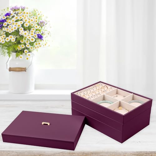 Voova Stackable Jewelry Organizer Tray with Lid (Set of 4, Purple) | Stackable PU leather jewelry trays with drawer inserts for earrings, rings, necklaces, bracelets and watches; set of 4 - color: Purple