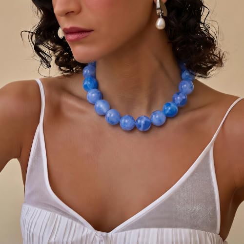 Multicolor Chunky Beaded Necklace, Statement Colorful Round Ball Beads Choker Necklace with Gold-Tone Adjustable Chain, Fashion Bold Neck Jewelry for Women - color: 20MM-Lake Blue
