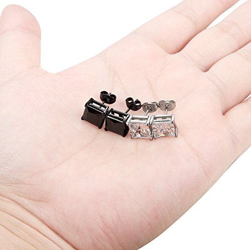 ORAZIO Black Silver Earrings for Men,Stainless Steel Cubic Zirconia Earrings 20G Mens Earrings Hypoallergenic CZ Earrings Studs Trendy Square Earring Studs Set 4-8MM - style: 2 Pairs,Cubic Zirconia Diameter:8mm