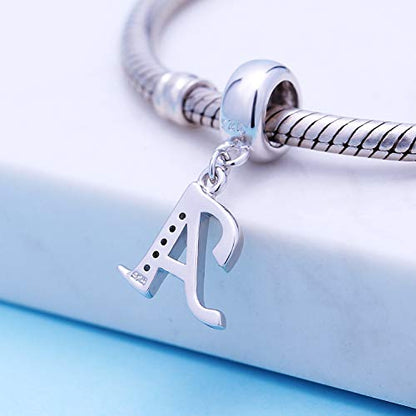 925 Sterling Silver Charms Alphabet Beads fit Pandora Charm Bracelets A-Z Letter Initial Spacer Dangle Clear CZ Stone Authentic for Snake Chain Bracelets - color: A
