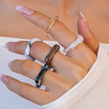 5Pcs Stacking Retro Brown and White Square Resin Knuckle Ring, Simple Chunky Black Acrylic Rings for Women Bohemia Dainty Party Prom Charm Jewelry Gift - color: White