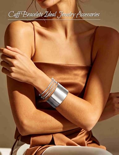 2 Pcs Gold Cuff Bangle Bracelet Set for Women Irregular Minimalist Statement Bangle Bracelets Wide Open Chunky Wire Bracelets Wrist Cuff Adjustable Hammered Bracelet - color: Silver F