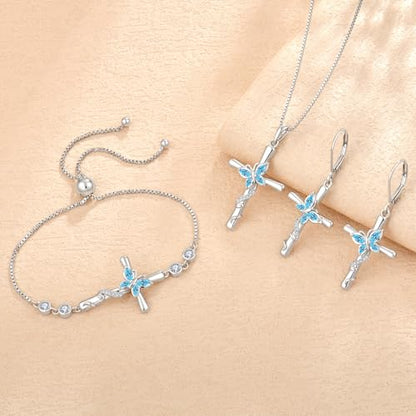Cross Necklace for Women 925 Sterling Silver Butterfly Necklace Birthstone Pendant Created Gemstone Jewelry Gifts for Women - color: 03 March - Aquamarine