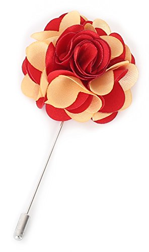 Gentleman's Essentials Premium Handmade Flower Lapel Pin Boutonniere - color: Crimson Red / Yellow [2 Tones Camellia]