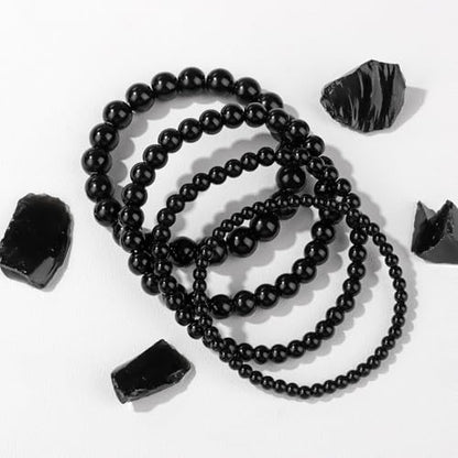 Vinswet 4pcs Beaded Bracelets for Women,Natural Healing Crystal Gemstones Bracelet,Anxiety Stress Relief Bracelet Handmade purple Jewelry Gifts for Women - color: Black Obsidia
