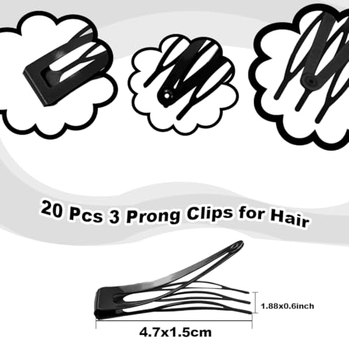 20 Pcs Snap Hair Clips for Women Snap Hair Barrettes Double Grip Hair Clips 3 Prong Clips for Hair Barrettes for Women Girls (Black) - color: Black