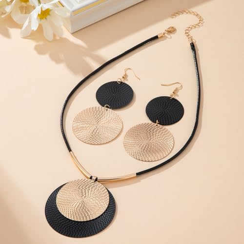 Statement Necklace and Earrings Set – 2PCS Gold Silver Chunky Geometric Pendant Jewelry with Snake Chain, Asymmetrical Ellipse Y-Necklace Metallic Fashion Jewelry for Women - color: D:Geometric Black Gold Set