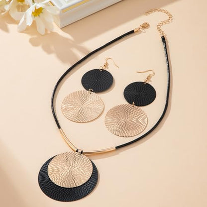Statement Necklace and Earrings Set – 2PCS Gold Silver Chunky Geometric Pendant Jewelry with Snake Chain, Asymmetrical Ellipse Y-Necklace Metallic Fashion Jewelry for Women - color: D:Geometric Black Gold Set