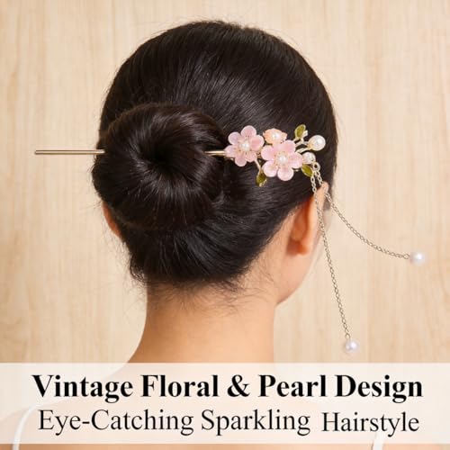 6 PCS Chinese Hair Sticks Set Pink Flower Tassel Hair Stick with Pearl Traditional Asian Metal Hair Chopsticks Long Hair Bun Updo Holders Accessories for Women Girls Hanfu Party Wedding