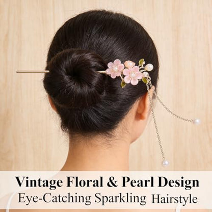 6 PCS Chinese Hair Sticks Set Pink Flower Tassel Hair Stick with Pearl Traditional Asian Metal Hair Chopsticks Long Hair Bun Updo Holders Accessories for Women Girls Hanfu Party Wedding