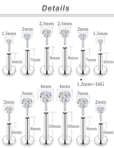 20G 18G 16G Cubic Zirconia Nose Rings Studs 316L Surgical Steel Hypoallergenic Nose Piercings Jewelry for Women Men CZ 2mm-3mm 24 Pcs - color: 1-A:16G-Silver-6/7/8/10mm Bars-1.5/2/2.5/3/4 CZ