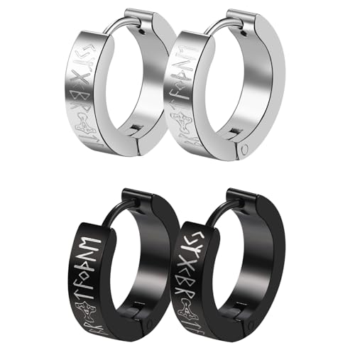 Aroncent 2-8Pcs Womens Mens Huggie Hoop Triangle Earrings Viking Runes Stainless Steel Ear Stud Novelty Black/Gold/Silver - color: D-Viking Earrings-2PCS-a