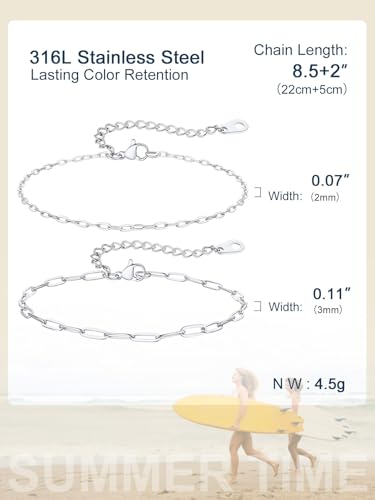 ChainsPro Stainless Steel Waterproof Anklet for Women, Adjustable Non Tarnish Layered Anklets, Trendy Dainty Cuban Link Ankle Bracelet Beach Jewelry Gifts for Swimming & Daily Wear (8.5+2 inches) - style: 2pcs-Style-A-Steel