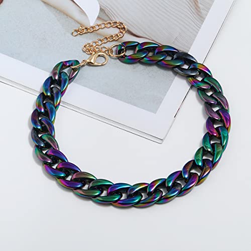Fashion Multicolor Acrylic Figaro Chain Necklace Cuban Thick Chunky Resin Link Curb Chain Necklace for Women Girl Party Festival Jewelry - color: E black colorful