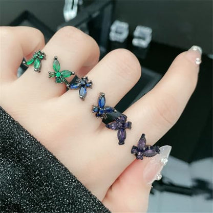 Gothic CZ Butterfly Open Band Rings for Women Silver Gold Plaed Black Butterflies Animals Crystal Statement Stacking Wrap Finger Ring Adjustable Comfort Fit Punk Halloween Party Jewelry