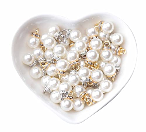 Ruwado Faux Pearl Beads with Rhinestone 25 Pcs Gold 25 Pcs Silver with Hole | Vintage 8 mm Elegant Imitation Peal Pendant Charms for Dangle Earrings Necklace Bracelet DIY Jewelry Making Accessories