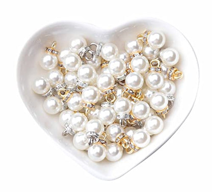 Ruwado Faux Pearl Beads with Rhinestone 25 Pcs Gold 25 Pcs Silver with Hole | Vintage 8 mm Elegant Imitation Peal Pendant Charms for Dangle Earrings Necklace Bracelet DIY Jewelry Making Accessories