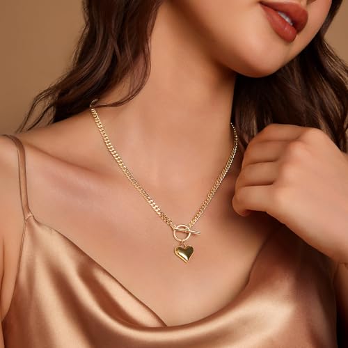Zeffy 14K Gold/Silver Plated Chunky Thick Chain Toggle Clasp Necklace Dainty Baroque Pearl/Heart/Cross/Turquoise Pendant Necklace - color: Gold Small Heart Necklace