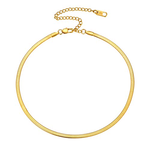 PROSTEEL 3mm/5mm Herringbone Choker Necklace for Women, 12.5"/15"/18", Stainless Steel/Sterling Silver Flat Snake Chain in Silver/Yellow Gold/Rose Gold/Black, Come with Box - color: 3mm-Gold Plated, size: 18 Inch
