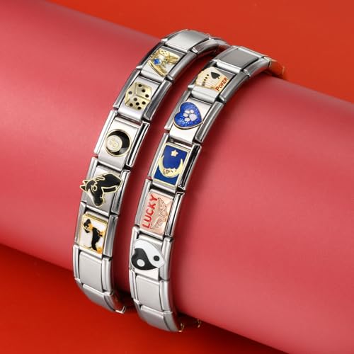 Italian Charm Bracelet with 10 or 20 Charms, Stainless Steel Adjustable DIY Charm Bracelet for Women & Men, Includes Opener Tool – Gold or Silver Options - color: Gold-10PCS