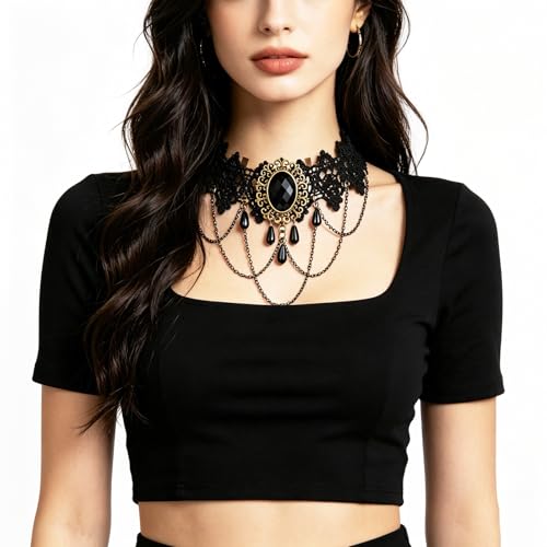 coadipress Gothic Lace Choker Necklace for Women Crystal Royal Court Vampire Choker Gothic Necklace Retro Handmade Halloween Gifts