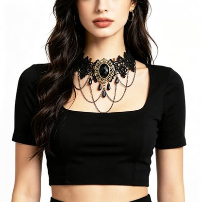 coadipress Gothic Lace Choker Necklace for Women Crystal Royal Court Vampire Choker Gothic Necklace Retro Handmade Halloween Gifts