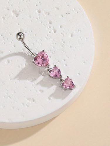 MODRSA Gold Belly Button Ring Dangle Belly Rings Silver Pink Dangling Dangly Belly Button Piercing Hypoallergenic Surgical Steel Opal Butterfly Navel Rings for Women Cute Dainty Navel Jewelry - color: B2- heart 3pcs - silver pink