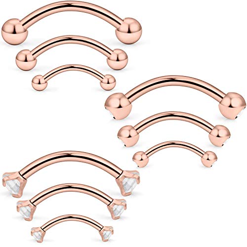 SCERRING 9-18PCS 16G Stainless Steel Eyebrow Tragus Helix Rook Daith Earrings Belly Lip Ring Clear Cubic Zirconia Barbell Body Piercing Jewelry 6mm 8mm 10mm - color: 9PCS - Rose Gold