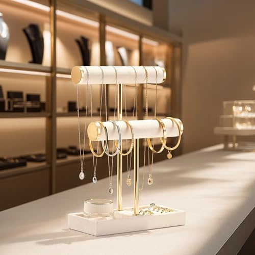bussdis 2 Tier Bracelet Holder Display, Necklace Holder Organizer, Beige | Velvet Necklace Holder | Jewelry Tree | Jewelry Towers | Jewelry Stand Organizer for Necklaces, Bracelets, Earrings, Rings - color: Beige