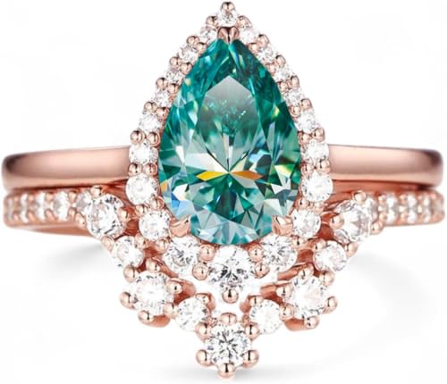 Vintage Pear Cut White Yellow Pink Green Blue Moissanite and Diamond Bridal Set 14K Rose Gold Halo Moissanite Engagement Wedding Set Promise Ring for Her Christmas Gift For Wife By SHREESHYAMJEWELLS - color: Green Moissanite