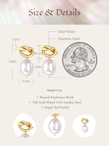 Pearl Earrings VeroSteel Dangle Earrings for Women, Dainty 14k Gold Huggie Hoop Earrings with Pearls, Trendy Pearl Drop Earrings, Stainless Steel Hypoallergenic Stud Earrings For Sensitive Ears - style: Cute Knot B