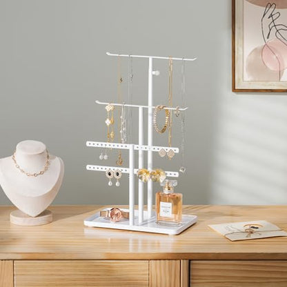 susswiff Jewelry Holder Organizer Stand - Adjustable Jewelry Tree 17.5" Height (Max), Jewlery Hanger for Necklaces, Bracelets, Earrings, Stainless, White - color: White