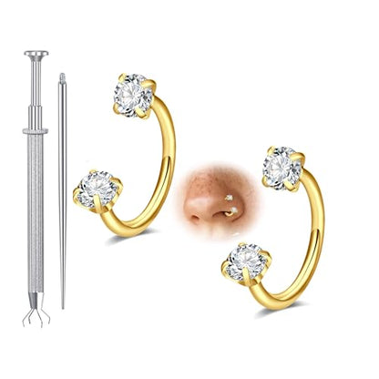 Longita 20g Nose Rings Hoop L Shape Nose Studs Stainless Steel Nose Screw Bone Flat Top Diamond Opal Heart High Nostril Piercing Jewelry Silver Rose Gold Black Pack for Women Men - color: B2- Horseshoe Ring 2pcs 20g - gold