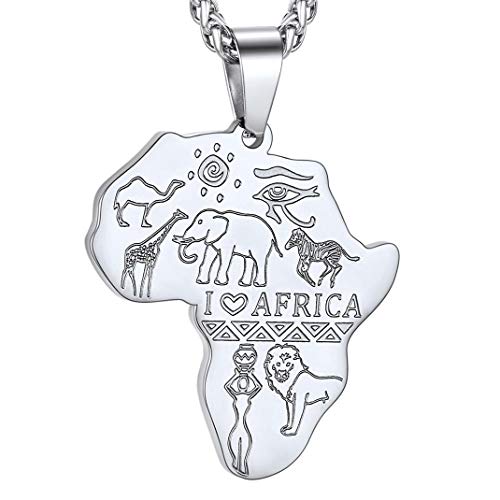 GOLDCHIC JEWELRY Africa Map Necklace for Men, Stainless Steel African Tribal/Egyptian Eye of Horus/I LOVE AFRICA/Elephant Map Hiphop Jewelry Unisex with 22'+2'Adjustable Chain - color: Animals - Stainless Steel, style: No Customization