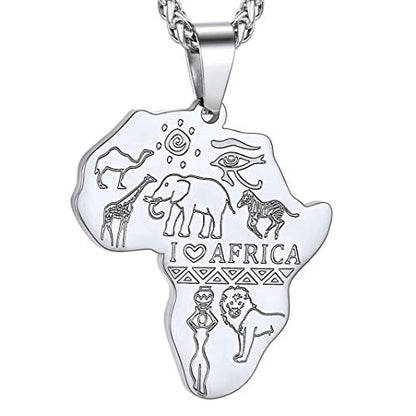 GOLDCHIC JEWELRY Africa Map Necklace for Men, Stainless Steel African Tribal/Egyptian Eye of Horus/I LOVE AFRICA/Elephant Map Hiphop Jewelry Unisex with 22'+2'Adjustable Chain - color: Animals - Stainless Steel, style: No Customization