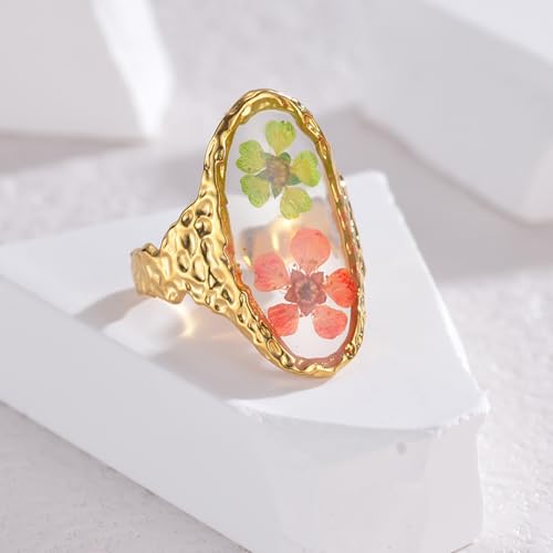 Hebelee Handmade Dried Flower Statement Ring for Women | Gold-Toned Stainless Steel,Adjustable,Pressed Blossom Forget-Me-Not Flowers Open Band Rings,Wedding Holiday Jewelry - color: Hammered Oval