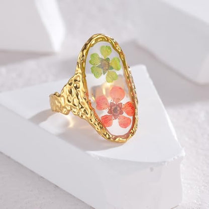 Hebelee Handmade Dried Flower Statement Ring for Women | Gold-Toned Stainless Steel,Adjustable,Pressed Blossom Forget-Me-Not Flowers Open Band Rings,Wedding Holiday Jewelry - color: Hammered Oval