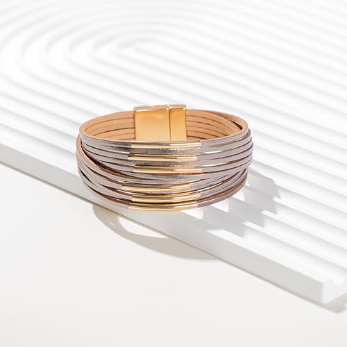 Gold Tube Leather Wrap Bracelets Boho Chunky Stackable Layered Western Cuff | Stacked Bohemian Cool Magnetic Clasp Bangles Statement Cowgirl Hippie Country Festival Accessories for Women Trendy - color: Grey