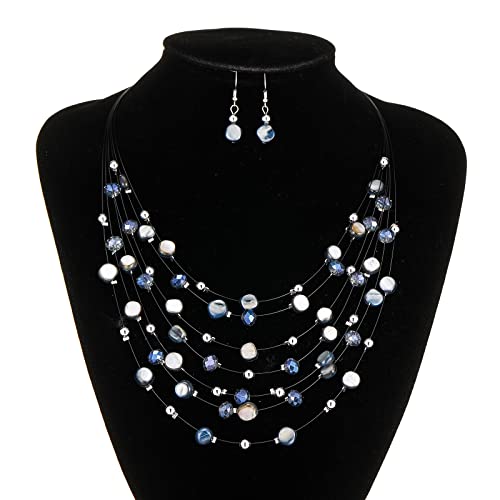 Multi-Layer Boho Shell Beaded Necklace for Women Colorful Crystal Strand with Silver Beads Statement Collars Necklace and Earrings Costumes Jewelry Sets for Women - color: Blue