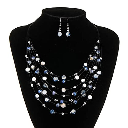Multi-Layer Boho Shell Beaded Necklace for Women Colorful Crystal Strand with Silver Beads Statement Collars Necklace and Earrings Costumes Jewelry Sets for Women - color: Blue