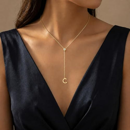 14K Gold Plated Initial Y Necklace for Women,CZ Letter Lariat Necklace | Dainty Long Necklace Y-Shaped Drop Letter Pendant Adjustable 16.5"+2" Long Chain Shiny CZ Trendy Jewelry Gift For Her - color: C
