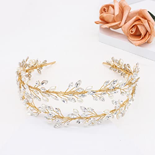 Oriamour Bridal Crystal Headbands Double Layer Wedding Headdress Gold Wedding Headpieces For Women (Gold) - color: Gold