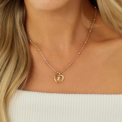Cicy Bell Womens Heart Initial Necklace 18k Gold Plated | Personalized Letter Pendant, 17.7'' with 2'' Extender - color: Style 2-X-Gold