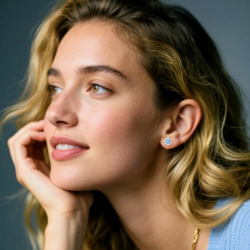 Bestyle 8mm Small Birthstone Earrings for Women with Hypoallergenic Sterling Silver Post,Sparkle Heart/Round Womens Studs Earrings, Great Birthday/Christmas/Anniversary Jewelry for Wife Mother - color: 03. Mar. Aquamarine-Round