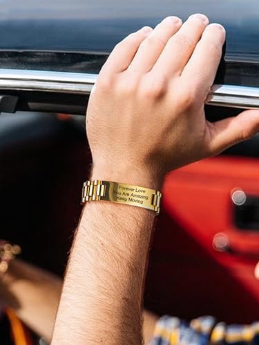 ChainsHouse Men Stainless Steel Bracelet Adjustable Custom ID Engraved Gift | Personalized Silver/Gold/Black for Birthday Father Husband Boyfriend with Gift Box Adjustable Tool 10mm/15mm/15.5mm 8.3"/8.7" - color: L.15mm Width-Gold-Text Custom