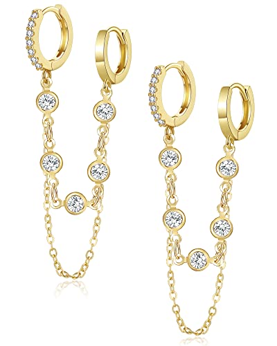 Tassel Chain Small Gold Hoop Dangle Earring For Women Huggie Earring Heart Star CZ 14K Gold Plated Fashion Jewelry Graduation Gift for Her Mothers Day Gifts for Mom - color: Double-Circle-Gold